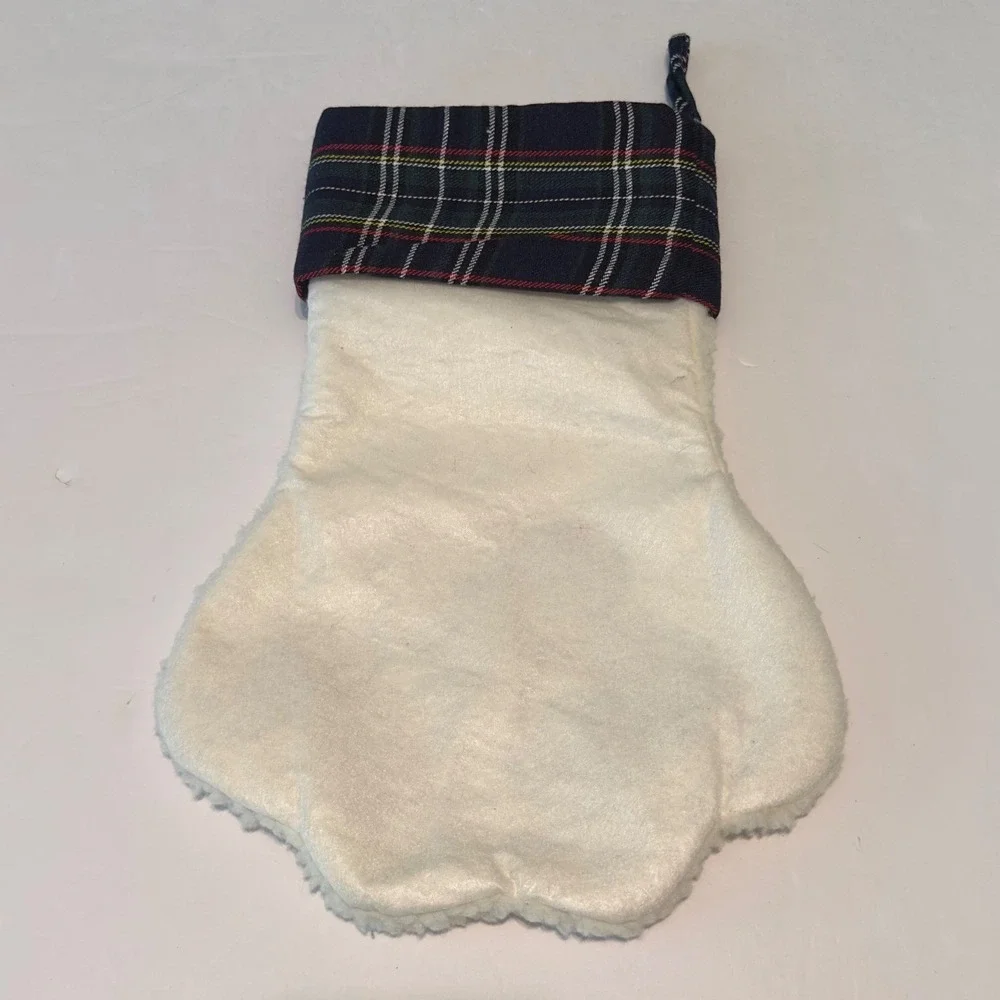 Buddy Personalized Dog Paw Christmas Stocking Sherpa‎ Plaid Navy Ivory 15in